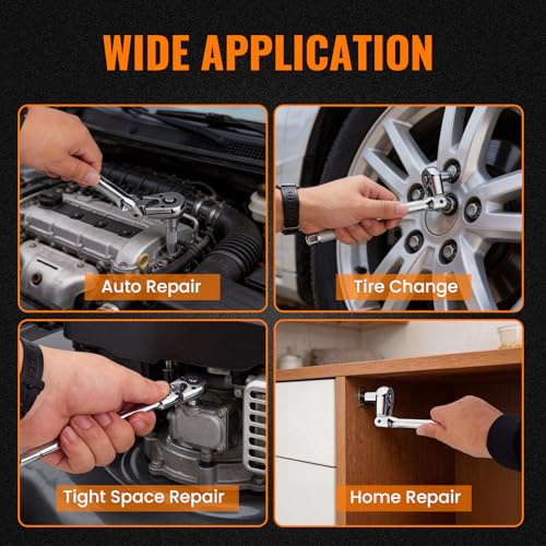 Flex Head 1/2" Drive Ratchet Wrench, 90T Long Handle Ratchet, Quick-Release Reversible with Cr-Mo Head and 5" Extension Bar for High Torque & Tight Spaces - size: 1/2"