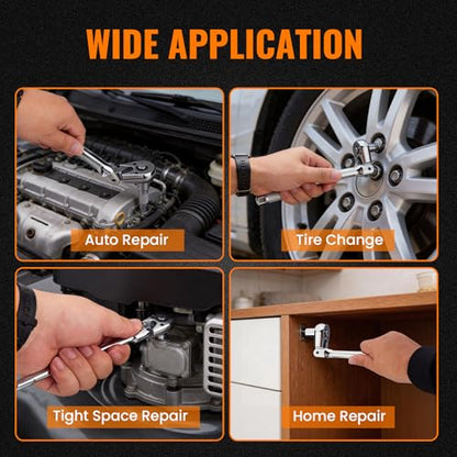 Flex Head 1/2" Drive Ratchet Wrench, 90T Long Handle Ratchet, Quick-Release Reversible with Cr-Mo Head and 5" Extension Bar for High Torque & Tight Spaces - size: 1/2"