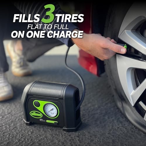 Slime 40084 Tire Inflator, Cordless, Portable Air Compressor Pump, Lithium Ion Battery and LED Light, Rechargeable, 8 min Inflation - style: Cordless Tire Inflator