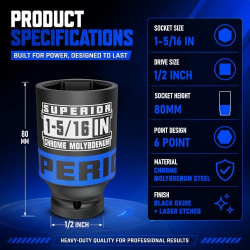 1/2" Drive Impact Socket, 1-5/16 Inch Deep Socket, SAE, CR-MO Axle Nut Socket, 6 Point, for Automotive Repair, Axle Shaft Nuts Removal & Installation - size: 1/2" Drive 1-5/16 Inch Deep