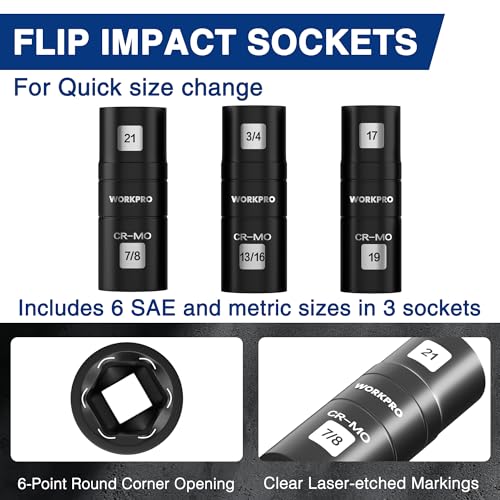 WORKPRO 4PCS Impact Socket Set 1/2" Drive, Lug Nut Socket Set, Wheel Socket Set Cr-Mo Steel, Includes 1PC 3" Extension Bar & 3PCS Flip Sockets of 6 Metric and SAE Sizes - size: 4pcs Flip Socket Set