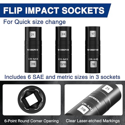 WORKPRO 4PCS Impact Socket Set 1/2" Drive, Lug Nut Socket Set, Wheel Socket Set Cr-Mo Steel, Includes 1PC 3" Extension Bar & 3PCS Flip Sockets of 6 Metric and SAE Sizes - size: 4pcs Flip Socket Set