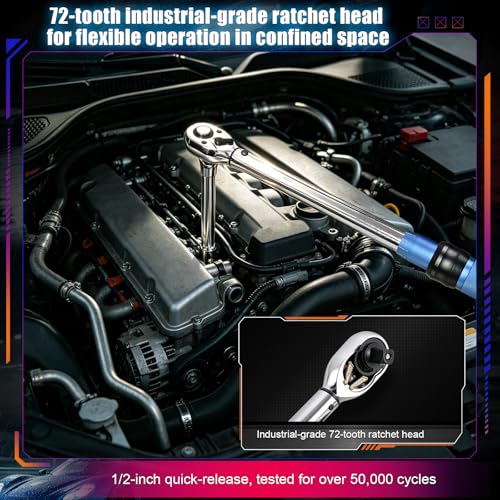 1/2 Inch Drive Click Torque Wrench 20-210Nm, 72-Tooth Adjustable Torque Wrench, ±3% High Precision CR-V Steel Heavy Duty for Automotive Car Repair, Motorcycle Maintenance, Home DIY & Industrial Use