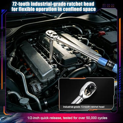 1/2 Inch Drive Click Torque Wrench 20-210Nm, 72-Tooth Adjustable Torque Wrench, ±3% High Precision CR-V Steel Heavy Duty for Automotive Car Repair, Motorcycle Maintenance, Home DIY & Industrial Use