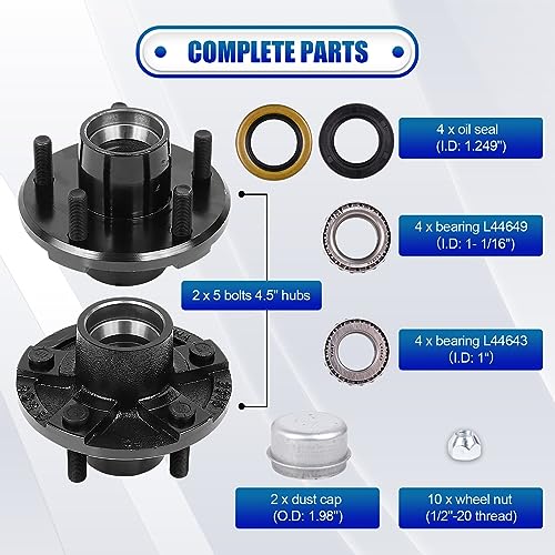 2 Sets Trailer Hub Kit, 5 on 4.5" Bolt Pattern for 2000 lbs Axles, Includes 1" & 1-1/16" Straight Spindle Bearings L44643 L44649, Rust-Resistant Coating, Complete Idler Hub Hardware - size: 5 on 4.5" 2000 lbs