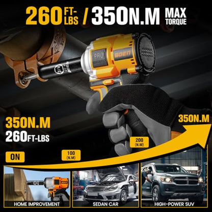 boen 260FT-LBS(350N.m) Cordless Impact Wrench 1/2 inch, Lightweight Brushless Electric Impact Gun, 2500RPM for Home Repair, Includes 2.0Ah Battery×1, Charger, IW-79 - size: 260FT-LBS(350N.m)