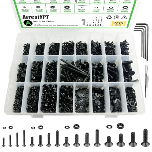 1715Pcs M2 M3 M4 M5 Screw Kit - 3D Printer Mini Screw, Allen Head/Flat Head/Countersunk Bolt/Screws, Metric Bolts Assortment, Black Nuts and Bolts for Mechanical Hardware - size: M2/3/4/5-1715Pcs