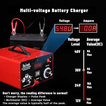 C20 Adjustable Battery Charger 12V 24V 36V 48V, 12A Pulses of High-Voltage Battery Desulfator Maintainer with Smart Chip for Lead-Acid LiFePO4 Lithium Batteries BLB-C20