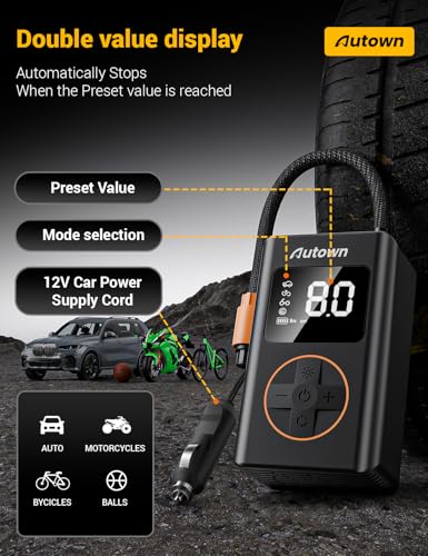 AUTOWN Flat Tire Repair Kit with Air Compressor, Professional Tire Plug Kit | 120PSI Portable Air Pump with Auto-Stop & LED, Heavy Duty Emergency Tool for Car, Truck, Motorcycle, SUV, ATV, Tractor, 54pcs