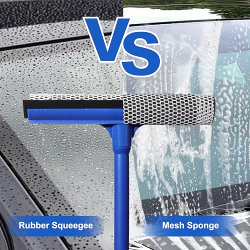 2-in-1 Car Window Cleaner, Multi-Use Car Windshield Cleaning Tool, with 15.9" Handle, 8" Soft Rubber Blade & Highly Absorbent Sponge, Home, Car, Glass, Shower, Outdoor Window Cleaning