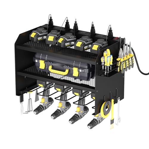 Wall Mount Power Tool Organizer with Charging Station, Black Drill Holder | Garage Wall Mount Tool Charging Station, Workshop Metal Cordless Tool Organizer, Drill Battery Storage Rack with 8 Outlets - color: Black