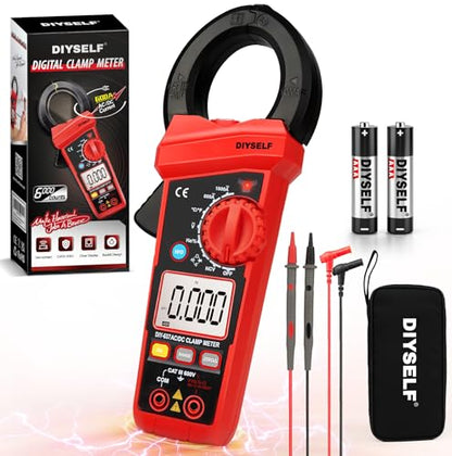 DIYSELF 6000 Counts Digital Clamp Meter, True RMS AC/DC Voltage Tester, Amp Meter Capacitance Meter, Resistance Continuity Tester, Professional Multimeter with Test Leads Pouch and Batteries
