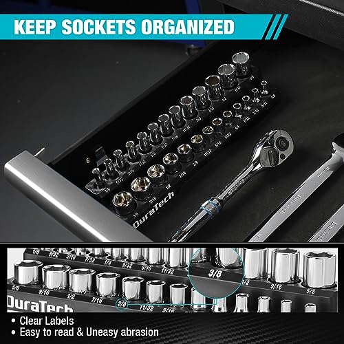 DURATECH Magnetic Socket Organizer Set, 3/8" SAE Socket Holders | Socket Trays, Tool Box, Tool Cart Organizer, Standard & Deep Sockets Organizer, Carbon Fiber, Prevent Scratching, 26-holder - size: 3/8" DR, SAE