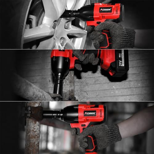 AOBEN Cordless Impact Wrench 1/2 Inch, Power Impact Gun Kit, Max 600N. M/450Ft-lbs High Torque Electric Impact Driver for Car RV Tire, 4.0Ah Battery, Charger, 6 Sockets & Storage Tool Case - size: AB-7337-B