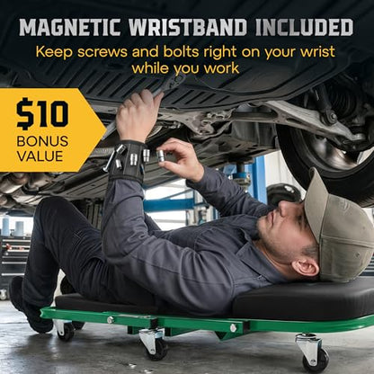 Creepers Automotive Mechanic Creeper Seat & Under Car Roller, 300lb Heavy Duty Foldable Garage Creeper with 360° Swivel Wheels, Magnetic Wristband, Low Profile Green Car Creeper for Mechanics - color: Green