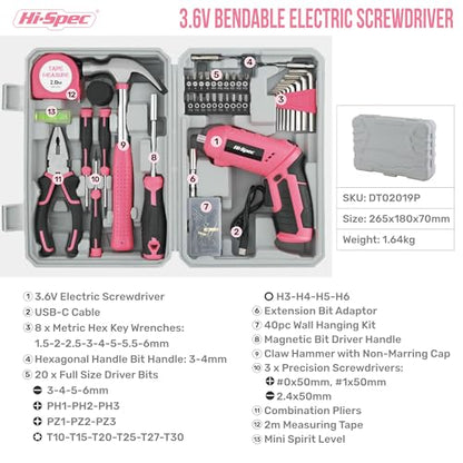 Hi-Spec 42pc Pink 4V USB Electric Power Driver & Household Tool Kit. Cordless Power Screwdriver and Hand Tools in a Compact Box Case - color: Light Pink