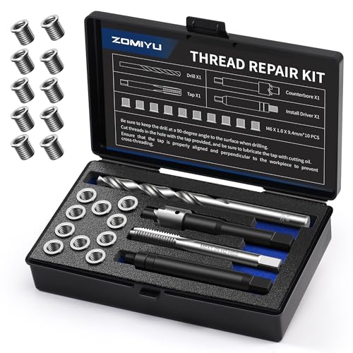 M6x1.0 Metric Thread Repair Kit, One-Piece Inserts (10PCS,9.4mm) | 304 stainless steel resists corrosion; HSS drill, tap, counterbore and driver restore worn or stripped internal threads - size: M6 X 1.0
