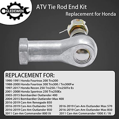 Tie Rod End Kit, Fit for 90-00 Honda Fourtrax 300/200, Ball Joint (2 Sets) | Compatible With 97-17 Recon 250, 01-08 Sportrax 250, 03-15 Bombardier Outlander 400/Max 400, 16-19 Can-Am Renegade/Commander - size: Honda Can-Am Bombardier