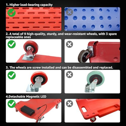 BESTOOL 40 Inches Mechanic's Creeper, Heavy-Duty Garage Creeper with HQ&Durable Casters, 350LBS Capacity Low-Profile Design, LED Working Lights,Red - color: Red-LED lights, size: 40in