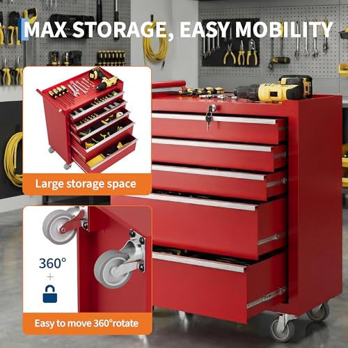 Rolling Tool Box with Wheels – 5 Drawer Heavy Duty Tool Chest Cabinet, Lockable Portable Storage Organizer with Drawer Liners, Mobile Mechanic Toolbox for Garage, Workshop, Shop, Easy Assembly, Red