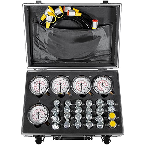 60P Hydraulic Pressure Test Kit with 5 Gauges 24 Couplings 3 Test Hoses for Excavator Construction Machinery 10/60/160/400/600Bar 150/900/2300/6000/9000PSI Hydraulic Test Gauge Kit with Carrying Case - style: 5 Gauges 24 Test Couplings