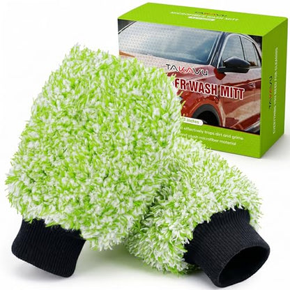 TAKAVU Car Wash Mitt, 2 Pack Microfiber, Scratch-Free (Green & White) | Soft Lint-Free Wash Gloves Hold Sudsy Water for Auto Detailing, Machine Washable, Safe on Paint & Coat - color: Green