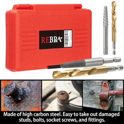 REBRA Screw Extractor and Left-Hand Drill Bit Set, Easy Out Broken Bolt Remover Reverse Cobalt HSS Steel Drill Kit, Ez Out Stripped, Rounded-Off, Damaged Bolts, Screws&Studs Removal Tool (14-Pieces) - style: 14-Pieces