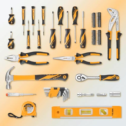TOLSEN Tool Set Home Mechanic Tool Kit, Screwdriver,Hammer, Ratchet, Drill Bits,Hex Key,Tape Measure,Toolbox Storage Case, Hand Household Tool Set for College,Starter,Beginner - size: 89 PCS