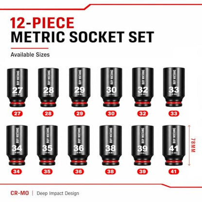12 PCS 1/2''Drive Deep Impact Socket Set,Extended Socket Set, 6-Point Metric Size 27mm, 28mm, 29mm, 30mm, 32mm, 33mm, 34mm, 35mm, 36mm, 38mm, 39mm, 41mm Socket, Cr-Mo Steel,Heavy Duty Socket Set - size: 1/2 12PCS Socket Set Metric