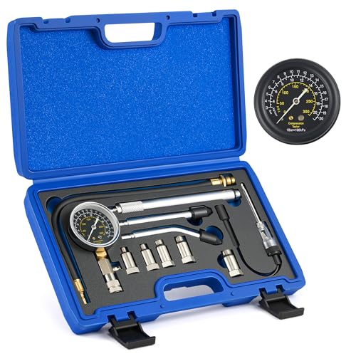 Orion Motor Tech Engine Compression Tester Kit, 11 pc Cylinder Compression Tester Kit with Spark Plug Tester, Engine Cylinder Pressure Gauge for Gas Petrol Engines | Durable Aluminum Casing; 5 Metric Adapters; Quick Push On Connectors; Gasoline Car Mainte