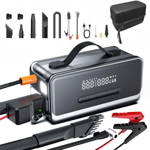 Tire Inflator Portable Air Compressor with Jump Starter, Air Pump for Car | Faster Inflation 35L/min,Auto Shut-Off,Cordless,Vacuum and Blower Functions,for Pickup Truck,Bike,Motorcycle and Balls