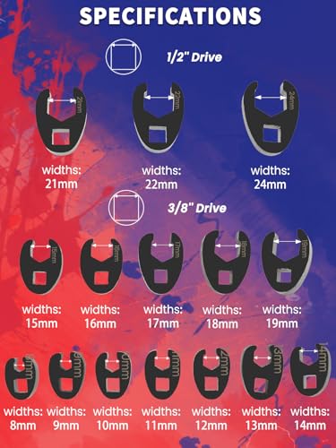 Crows Foot Wrench Set 15pc Metric Crows Foot Wrench Sizes 8mm-24mm for 3/8" and 1/2" Drive Ratchets Extenders