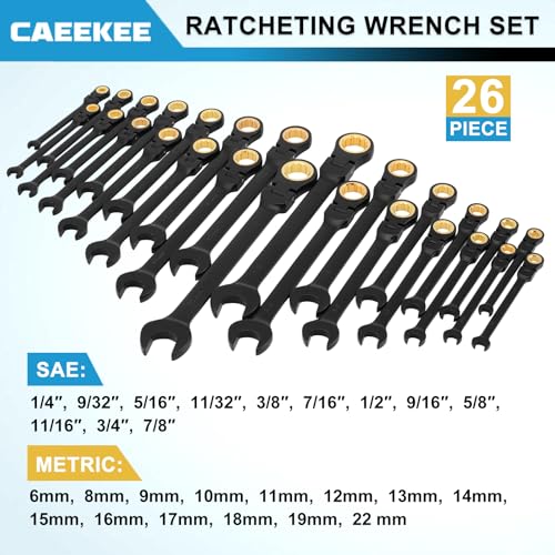 26-Piece Flex-Head Ratcheting Wrench Set, SAE & Metric, 12 Point, 72-Tooth Ratchet, Chrome Vanadium Steel, With Organizer Box - style: 26-Piece Set (Flex-Head Metric & SAE)