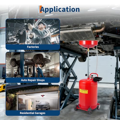 20 Gallon Waste Oil Drain Tank Portable Air Operated Oil Drainer with Adjustable Funnel Height 38-65 Inches 15 Inch Funnel Fluid Fuel Transfer Drain Container with 360 Degree Wheels and Toolbox Red