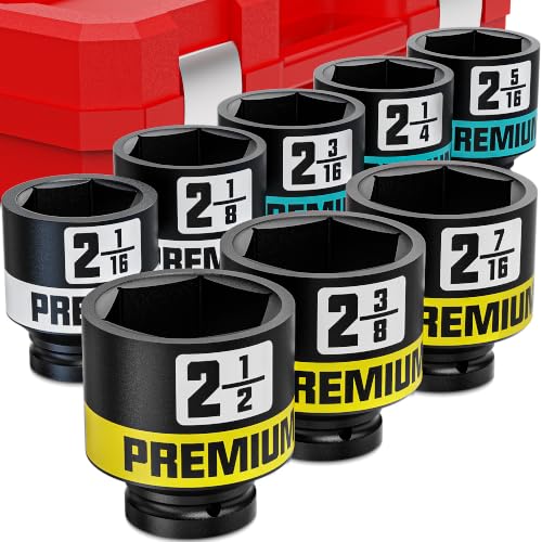 3/4” Drive Impact Socket Set, 2-1/16”-2-1/2” Axle Nut Sockets, 8pcs Shallow Jumbo Sockets, SAE, 6 Point, Cr-V, Repair Tools for Installing and Removing Stubborn Spindle Nuts and Bolts - size: 3/4"SAE