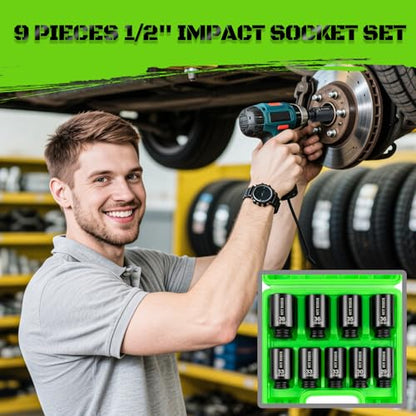 1/2" Drive Impact Socket Set, 9-Piece Metric Deep Axle Nut Sockets, 6-Point, Cr-Mo, 29mm, 30mm, 31mm, 32mm, 33mm, 34mm, 35mm, 36mm,38mm - color: Green 9pcs 1/2" Metric