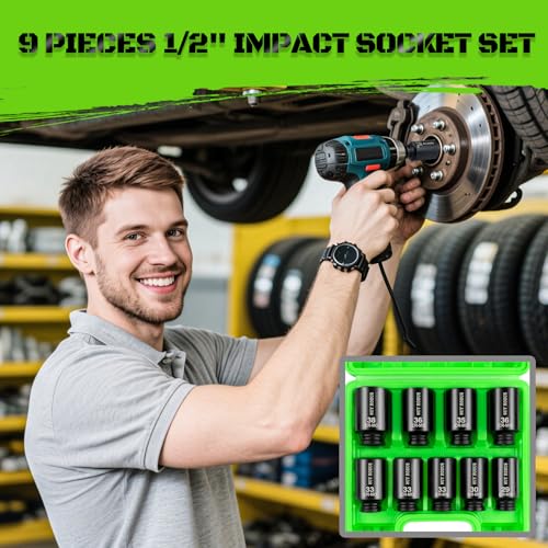 1/2" Drive Impact Socket Set, 9-Piece Metric Deep Axle Nut Sockets, 6-Point, Cr-Mo, 29mm, 30mm, 31mm, 32mm, 33mm, 34mm, 35mm, 36mm,38mm - size: 9 Piece 1/2" Metric Impact Socket Set