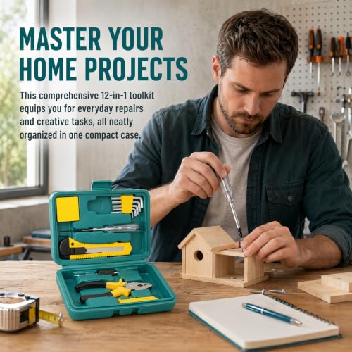 12Piece Household Set Car Toolbox Socket Wrench Auto Repair Combination Package Mixed Tool Set Hand Kit with Plastic Storage Case