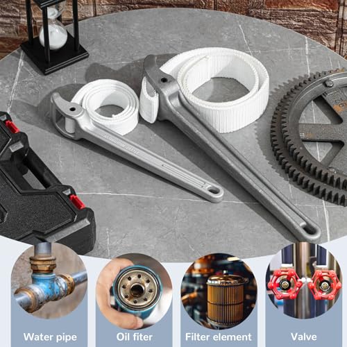 2 Pcs Adjustable Aluminum Oil Filter Strap Wrench Set,12 & 16-inch Pipe Wrench with Nylon Strap for Replacing Oil Filter Removal Tool for Tight Spaces,PVC Junctions