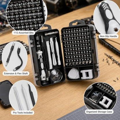 115-in-1 Precision Screwdriver Sets, Professional Repair Tool Kit Multiple Bits for Electronics, Phone, Watch, Automotive, Glasses and Bike Maintenance Non-Slip Handle Tweezers and Crowbar - color: Silver