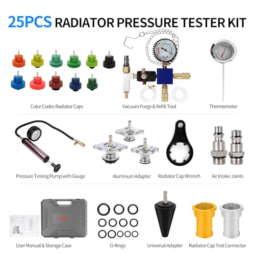 VTG VOGTEN 25PCS Coolant Pressure Tester & Vacuum Refill Kit,Radiator Pump Pressure Tester Kit for Automotive Cooling System Water Tank Leakage Detection - color: Gray