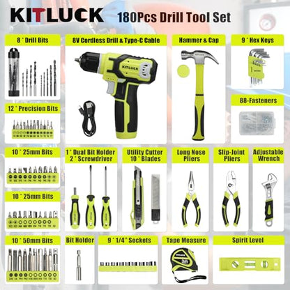 KITLUCK Power Drill Set, 180Pcs Home Hand Tool Kit with 8V Drill, Portable Tool box Kit with Screwdriver, Plier, Wrench, Socket, Harmer, Household Cordless Drill Set for Men Women Home - size: 180Pcs