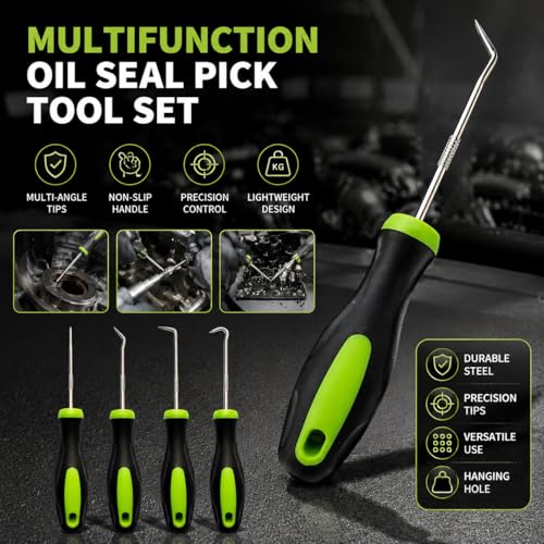 4-Piece Multi-Angle Hook and Pick Set, Precision Automotive Seal Puller & O-Ring Tools with Ergonomic Grip for Oil Seal Removal