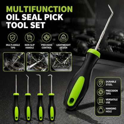 4-Piece Multi-Angle Hook and Pick Set, Precision Automotive Seal Puller & O-Ring Tools with Ergonomic Grip for Oil Seal Removal