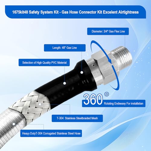 1675KIT48 Commercial Gas Hose Connector Kit, 48" Mobile Gas Line kit with 3/4" Quick Disconnect, Full Port Gas Valve & Flex Hose, Quick Connect Safety System for Commercial Kitchen Equipment