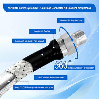 1675KIT48 Commercial Gas Hose Connector Kit, 48" Mobile Gas Line kit with 3/4" Quick Disconnect, Full Port Gas Valve & Flex Hose, Quick Connect Safety System for Commercial Kitchen Equipment