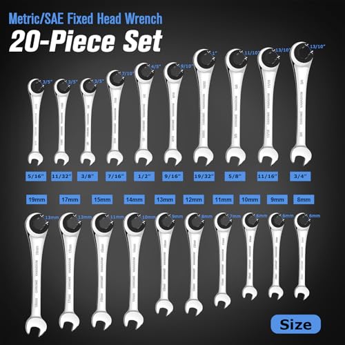 LOSCHEN Metric and SAE 20PCS Ratcheting Combination Wrench Set, Spanner Set with Open End, CR-V Steel Ratcheting Tubing Wrench Set with 72-Tooth Gear