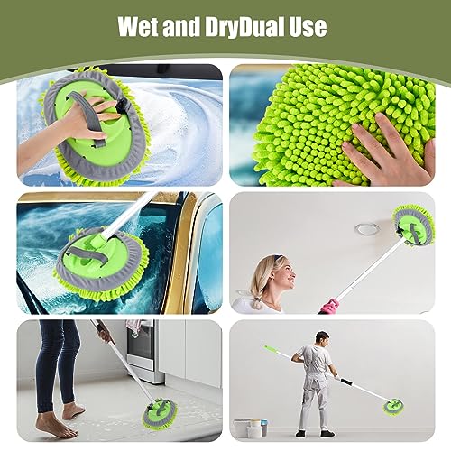 62" Car Wash Brush with Long Handle and Car Wash Brush Microfiber Car Cleaning Brush Kit for Car RV Truck Cleaning 1 Chenille Scratch-Free Replacement Head with Aluminum Alloy Pole (Green) - color: Green