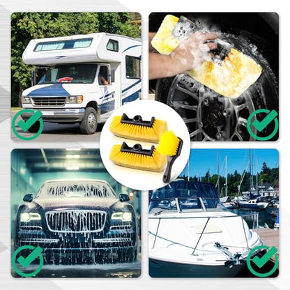 Vesici 2 Pcs 10 Inch Car Wash Brush Head with Soft Detailing Bristle Flow Through Car Cleaning Brush with 1 Pcs Stiff Bristle Wheel Brushes for Car Motorboat Rv Facades of Houses Wheel Carpet (Yellow) - color: Yellow