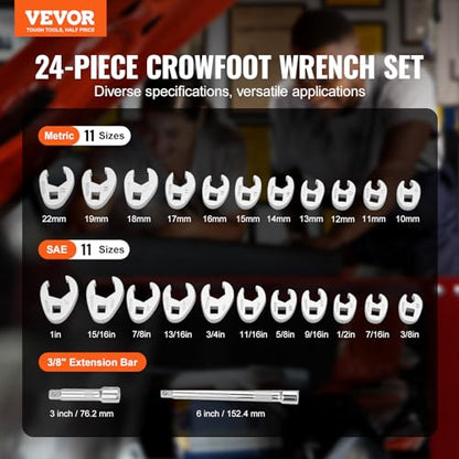 VEVOR 3/8" Drive Crowfoot Wrench Set with 2 Extension Bars, SAE 3/8"-1" and Metric 10-22 mm, CR-MO Steel Crowfoot Wrench Set, 24-Piece Crows Foot Wrench Set,with EVA Tool Organizer
